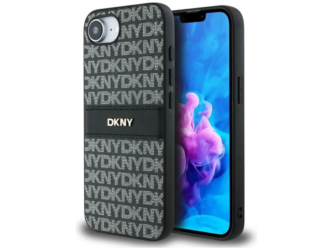 DKNY Repeat Texture Pattern with Tonal Stripe case for iPhone 16e - black