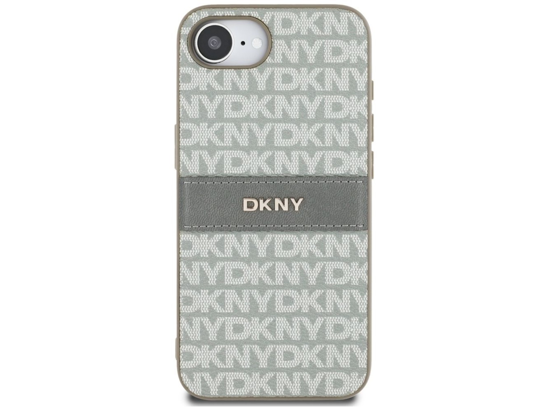 Capa DKNY para iPhone 16e com estampa texturizada repetida e listras em tons neutros - Bege