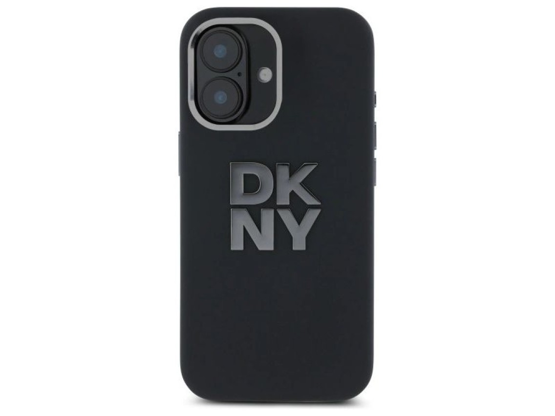 Capa DKNY de silicone líquido com logotipo metálico para iPhone 16 - Preta