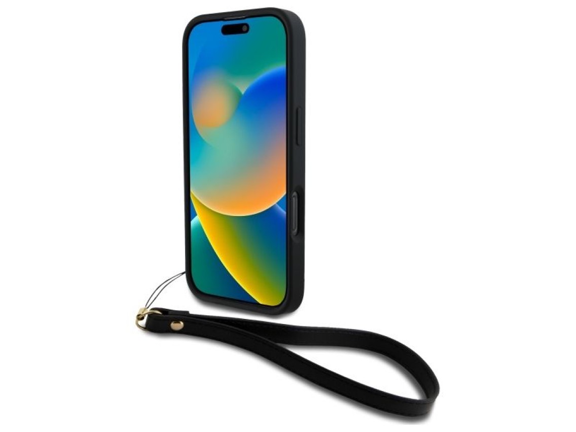 Funda para iPhone 16 Pro Max con correa de muñeca y logo de DKNY - Negra