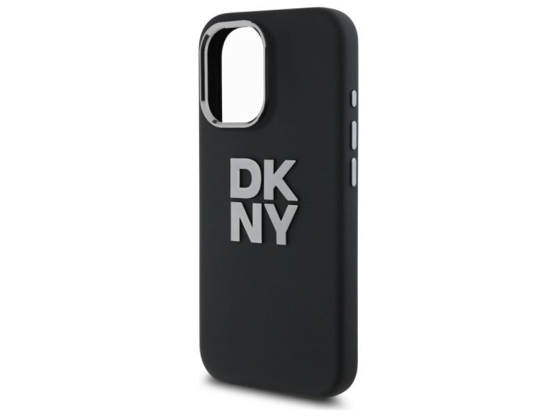 Capa DKNY de silicone líquido com logotipo metálico para iPhone 16 - Preta