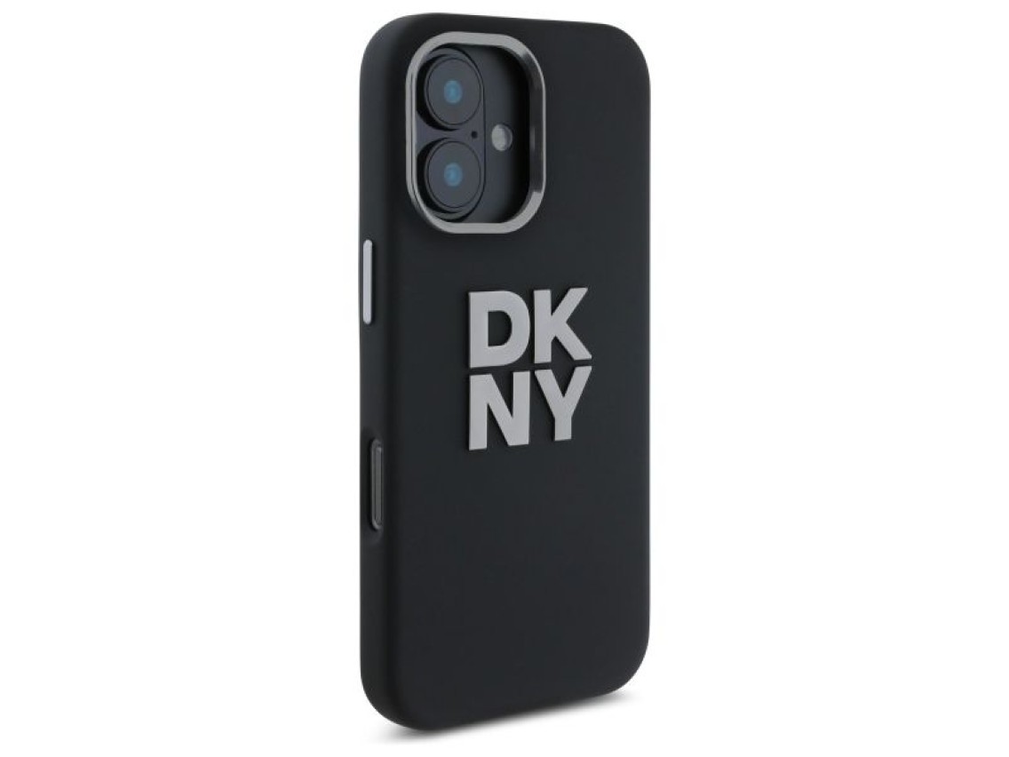 Capa DKNY de silicone líquido com logotipo metálico para iPhone 16 - Preta