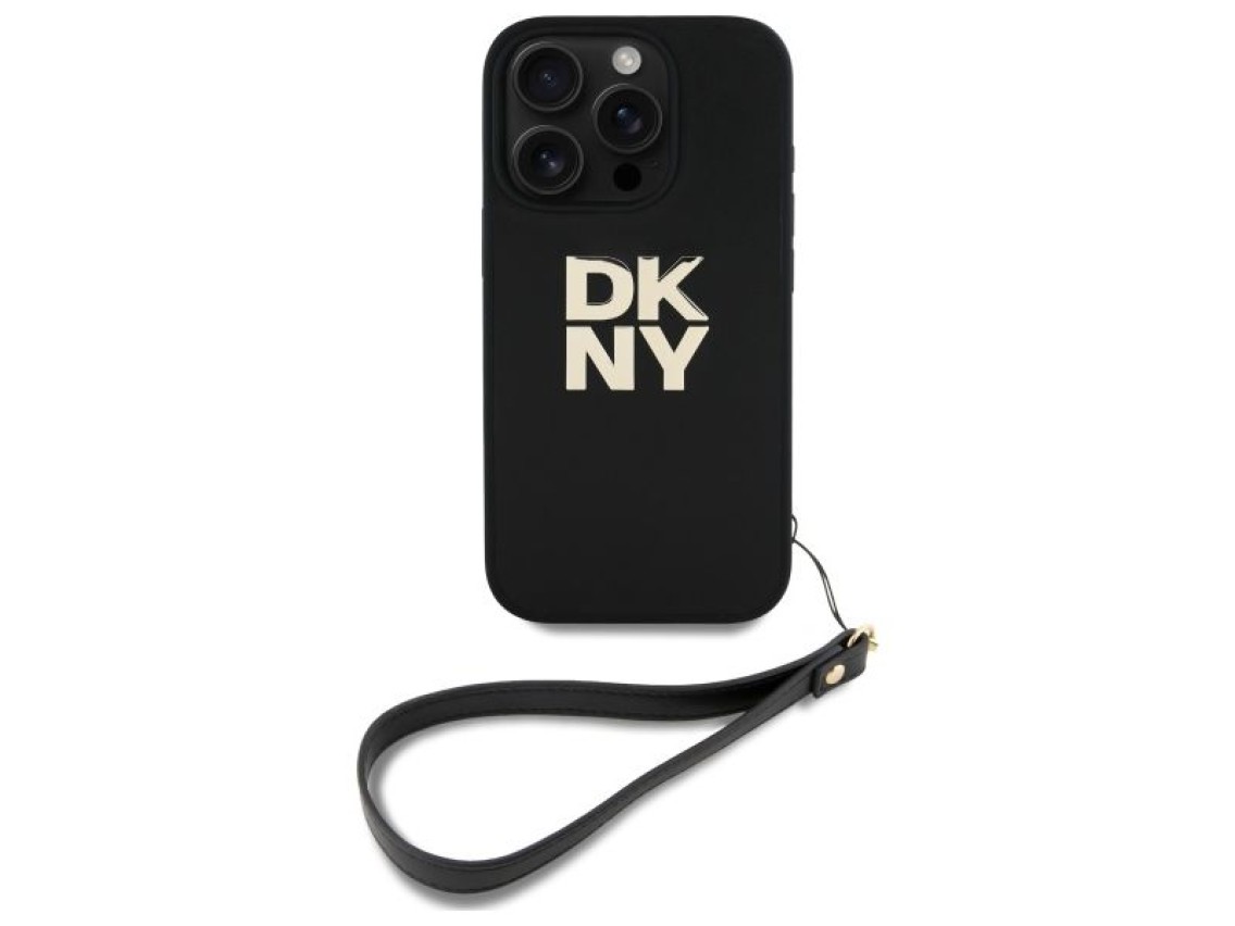 Funda para iPhone 16 Pro Max con correa de muñeca y logo de DKNY - Negra