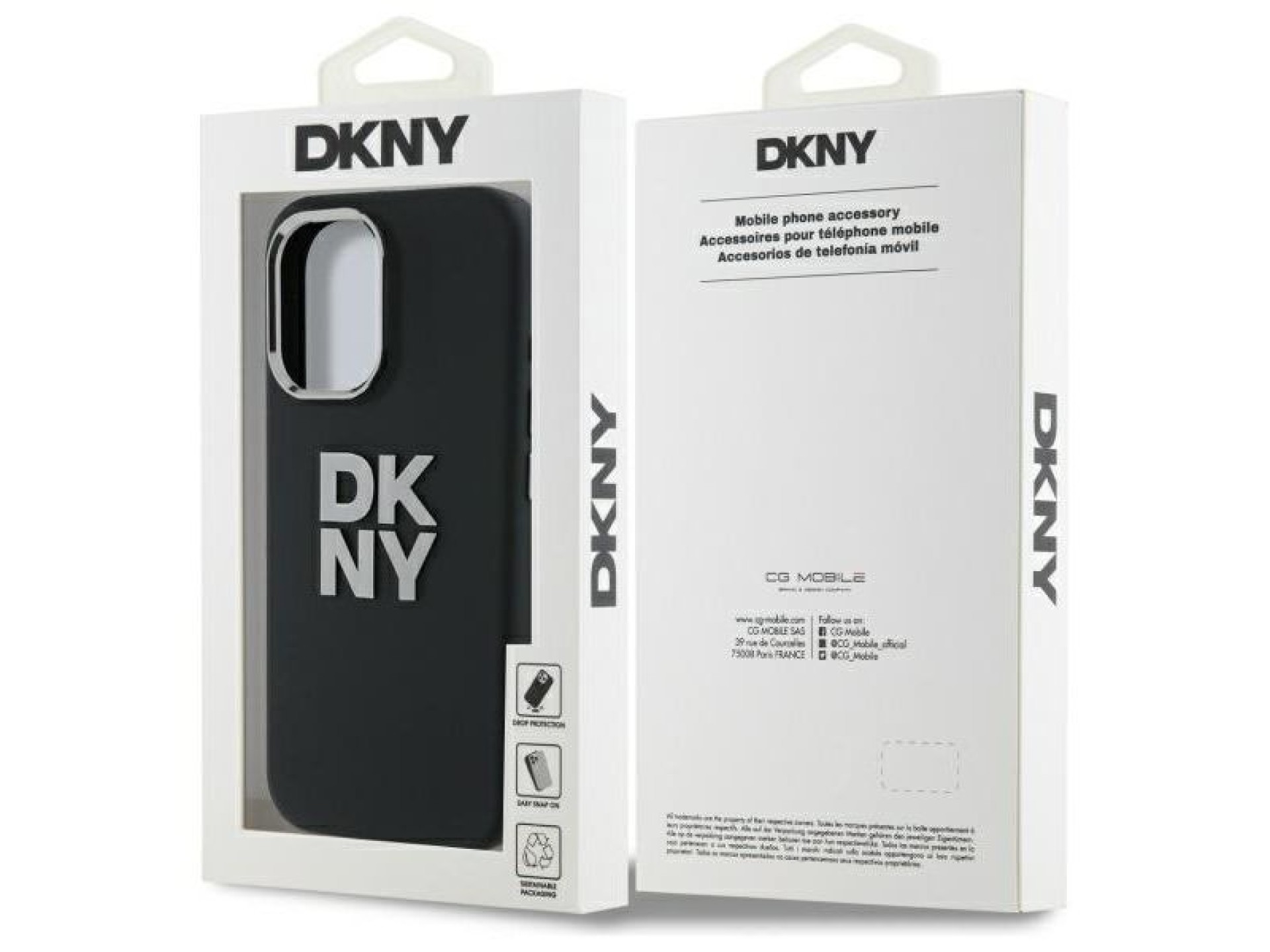 Funda para iPhone 16 de silicona líquida con logo metálico de DKNY - Negra
