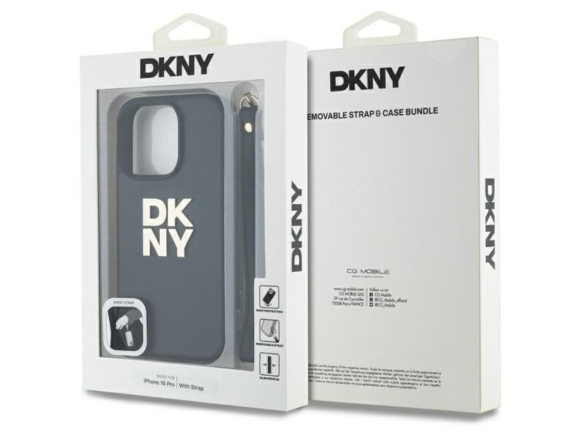 Funda para iPhone 16 Pro Max con correa de muñeca y logo de DKNY - Negra