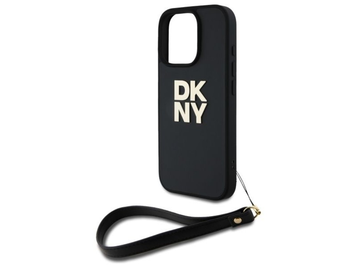Funda para iPhone 16 Pro Max con correa de muñeca y logo de DKNY - Negra