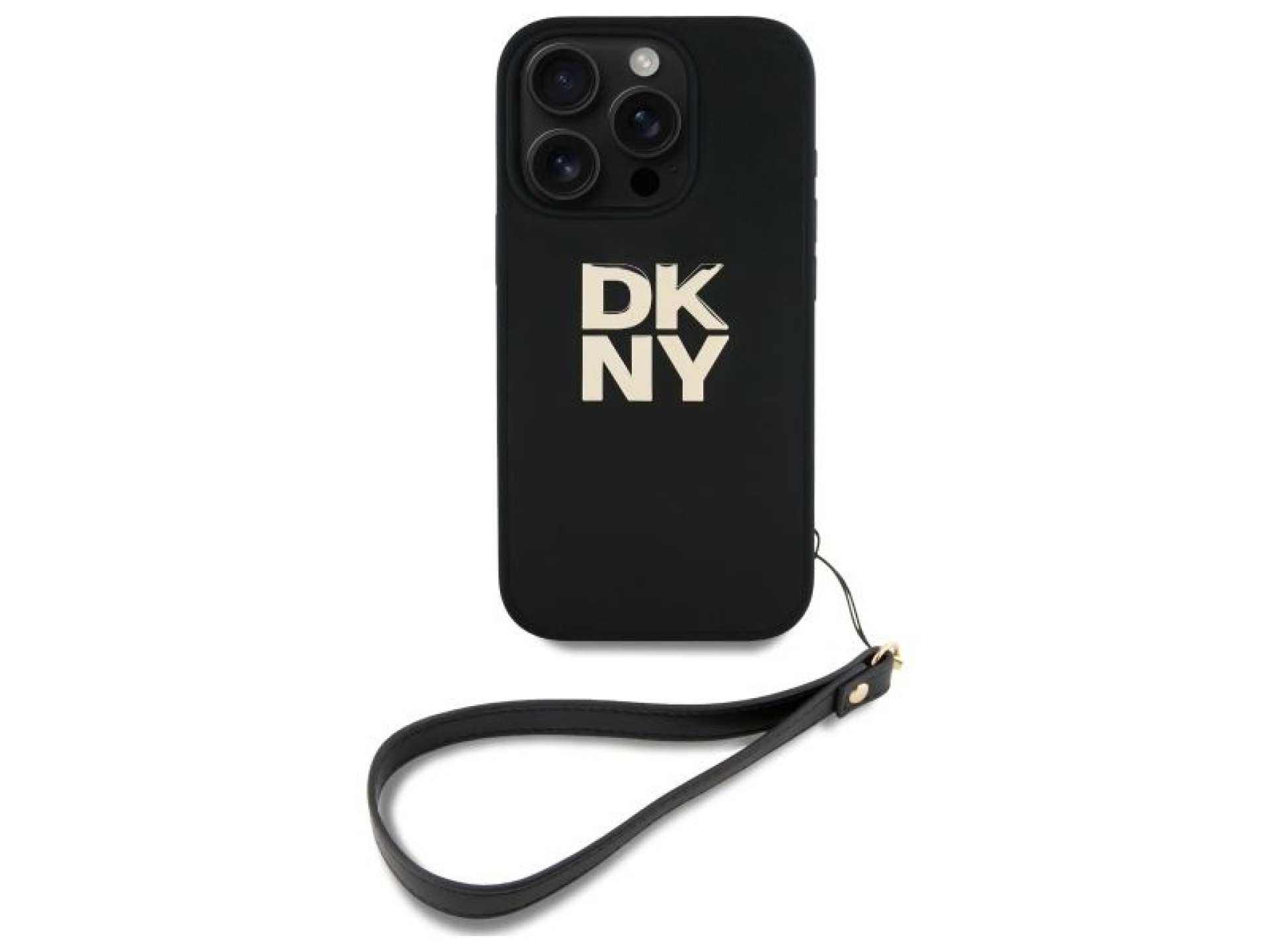 Funda para iPhone 16 Pro Max con correa de muñeca y logo de DKNY - Negra