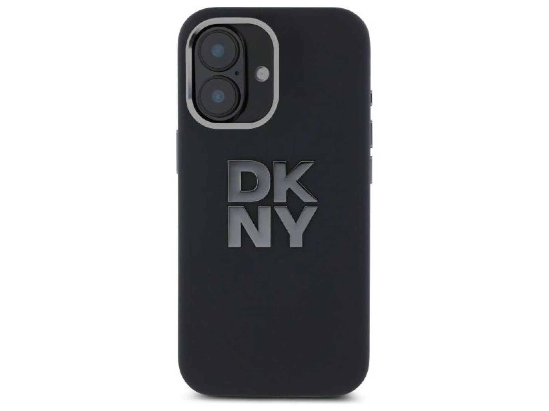 Funda para iPhone 16 de silicona líquida con logo metálico de DKNY - Negra