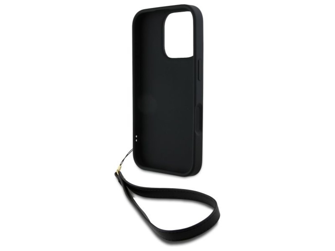 Funda para iPhone 16 Pro Max con correa de muñeca y logo de DKNY - Negra