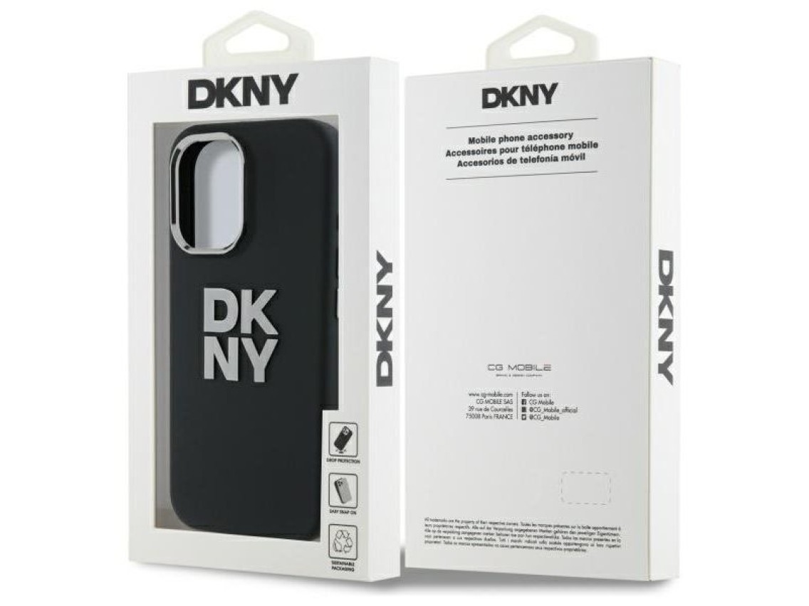 Capa DKNY de silicone líquido com logotipo metálico para iPhone 16 - Preta