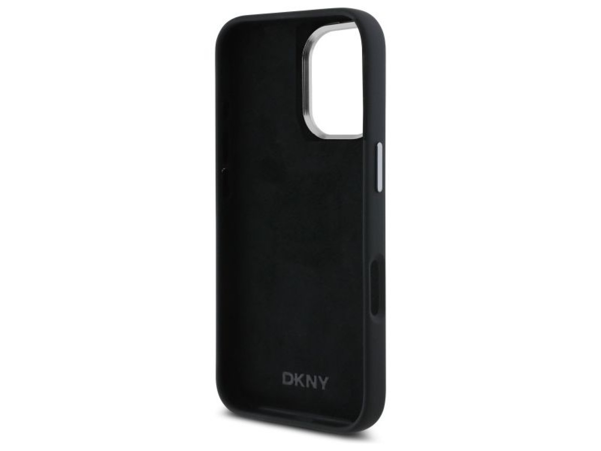 Funda para iPhone 16 de silicona líquida con logo metálico de DKNY - Negra