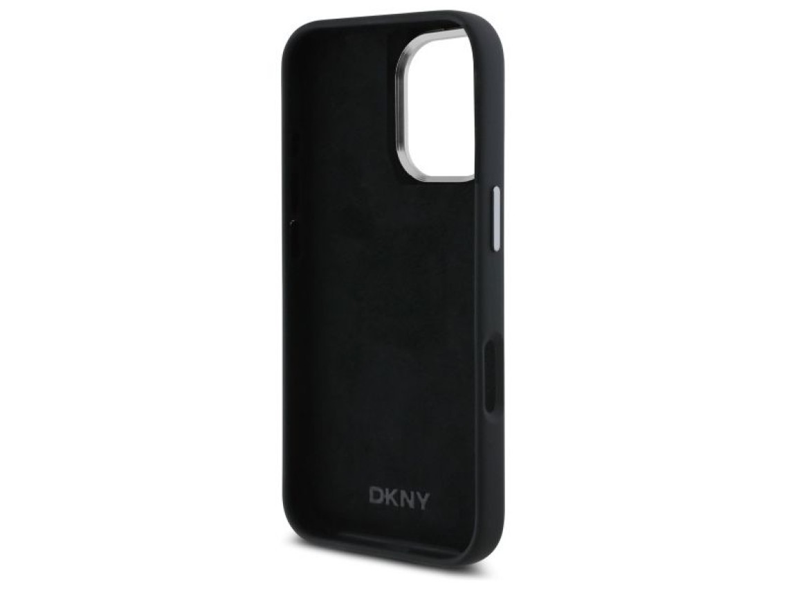 Capa DKNY de silicone líquido com logotipo metálico para iPhone 16 - Preta