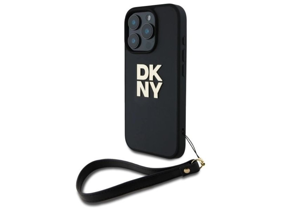 Funda para iPhone 16 Pro Max con correa de muñeca y logo de DKNY - Negra