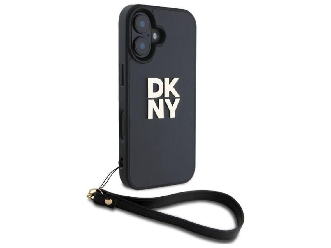 Capa para iPhone 16 com alça de pulso DKNY Stock Logo - Preta