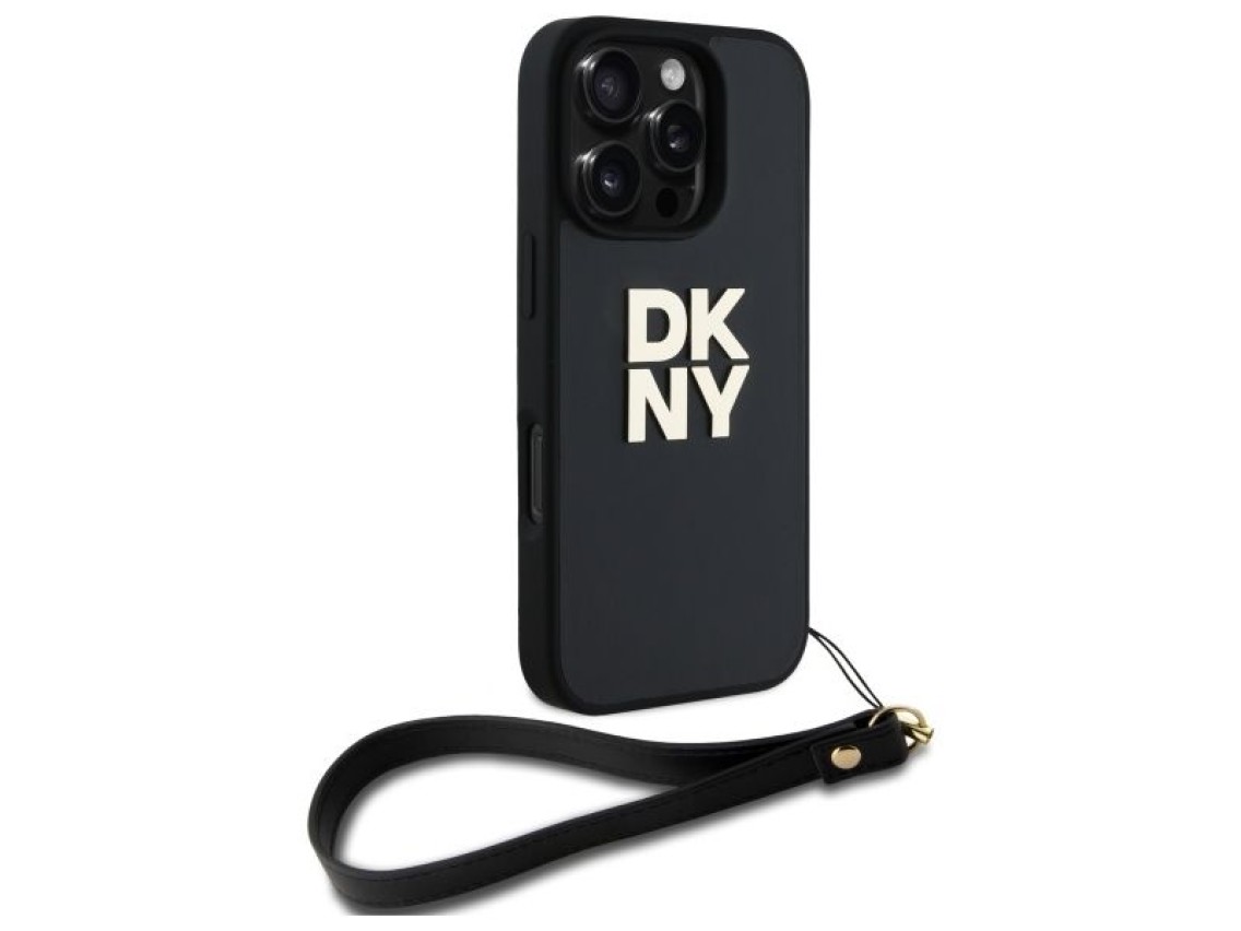 Funda para iPhone 16 Pro Max con correa de muñeca y logo de DKNY - Negra