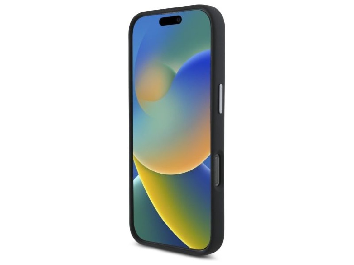 Capa DKNY de silicone líquido com logotipo metálico para iPhone 16 - Preta