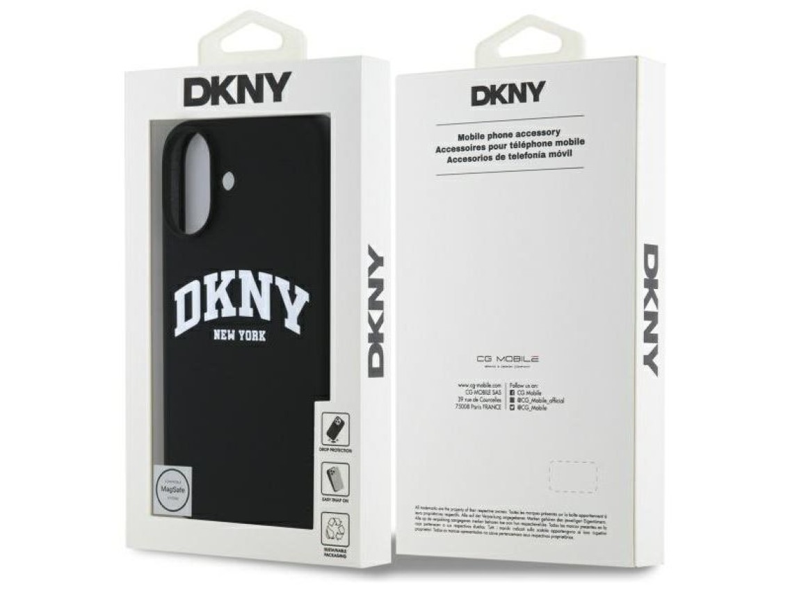 Funda DKNY de silicona blanca con logo impreso MagSafe para iPhone 16 - Negra