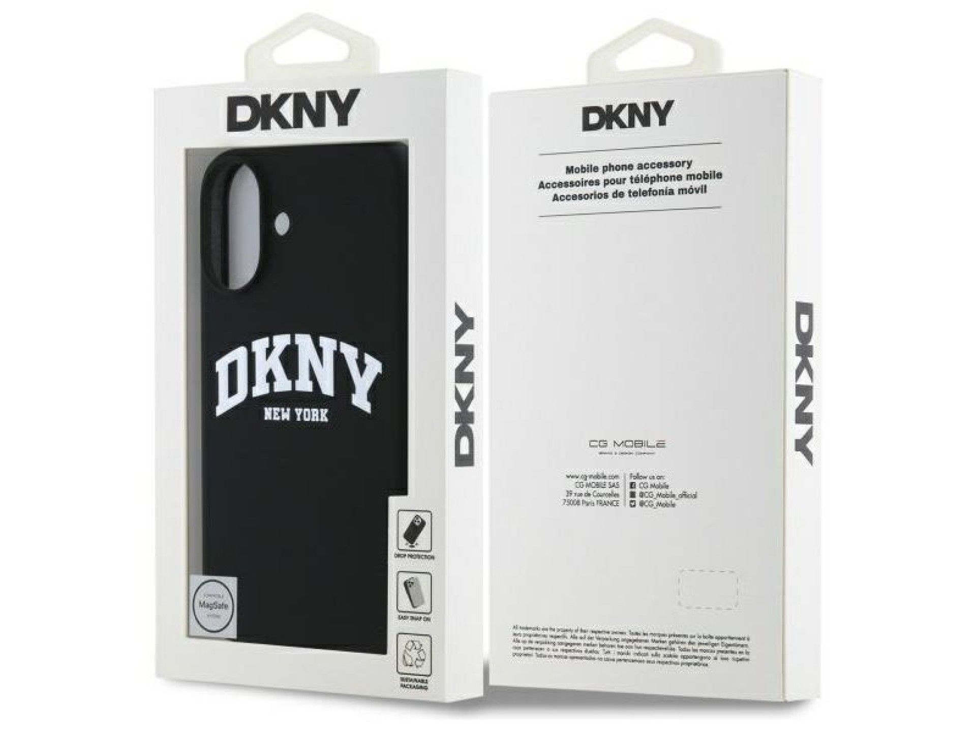 Funda DKNY de silicona blanca con logo impreso MagSafe para iPhone 16 - Negra