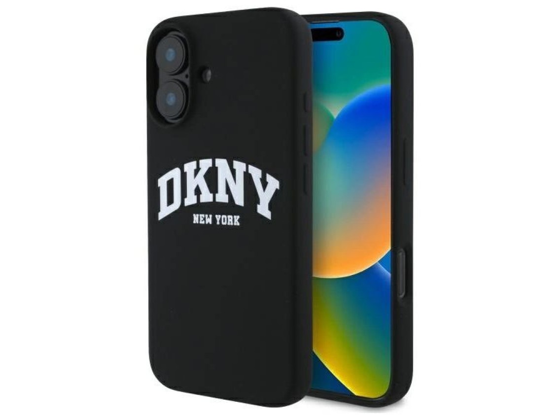 Funda DKNY de silicona blanca con logo impreso MagSafe para iPhone 16 - Negra