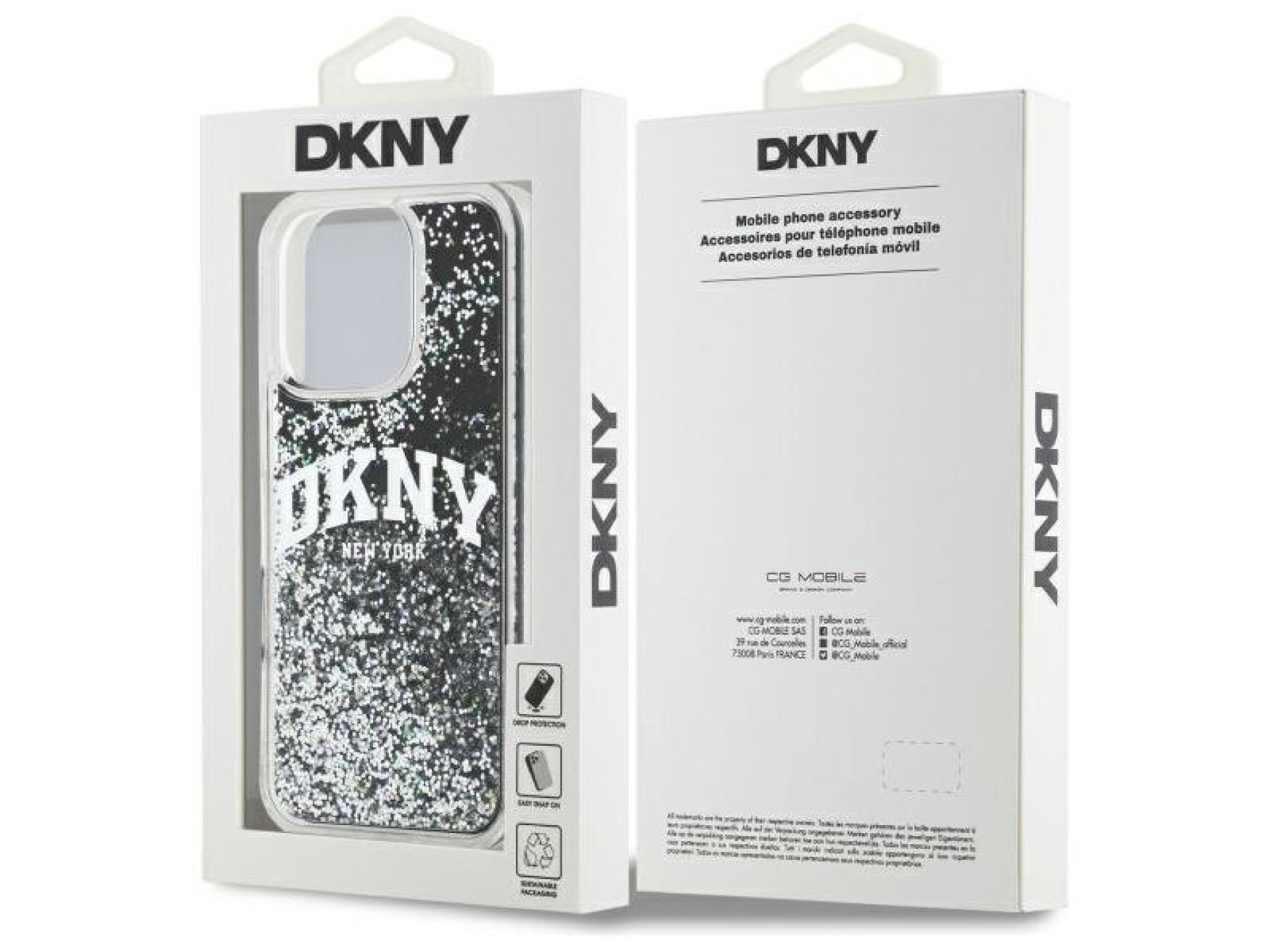 Capa rígida preta com glitter líquido e logo em arco DKNY DKHCP16XLBNAEK para iPhone 16 Pro Max de 6