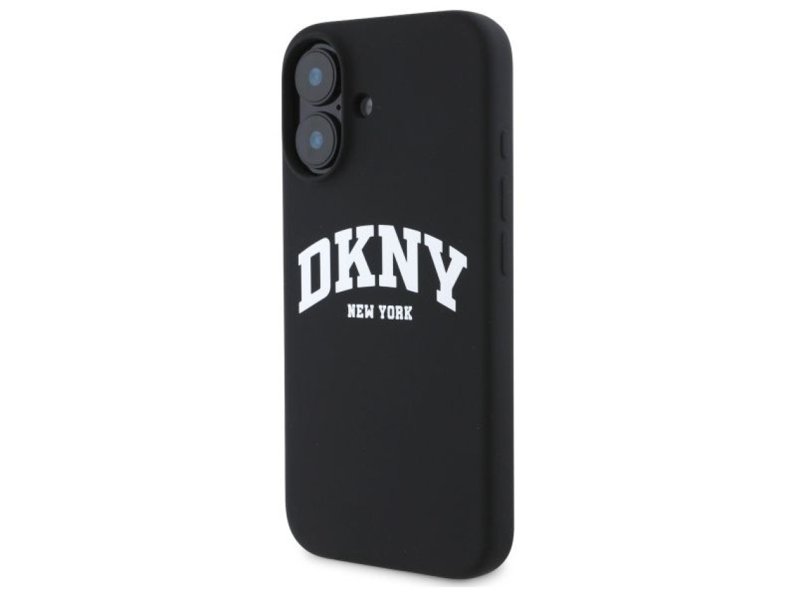 Funda DKNY de silicona blanca con logo impreso MagSafe para iPhone 16 - Negra