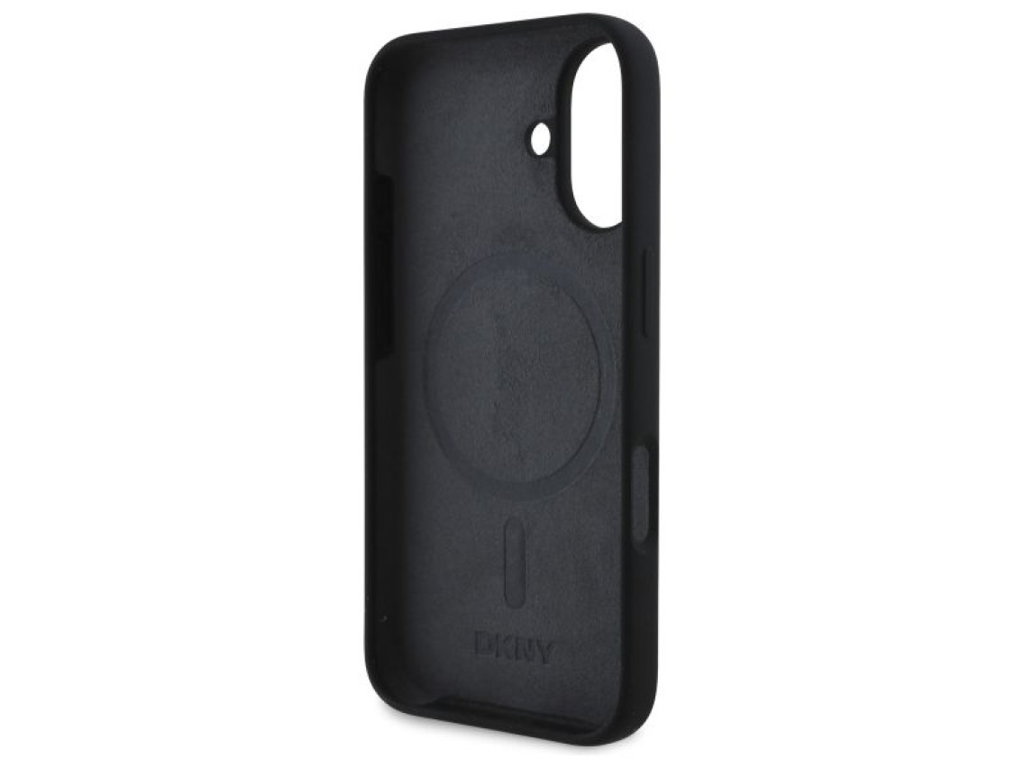 Funda DKNY de silicona blanca con logo impreso MagSafe para iPhone 16 - Negra
