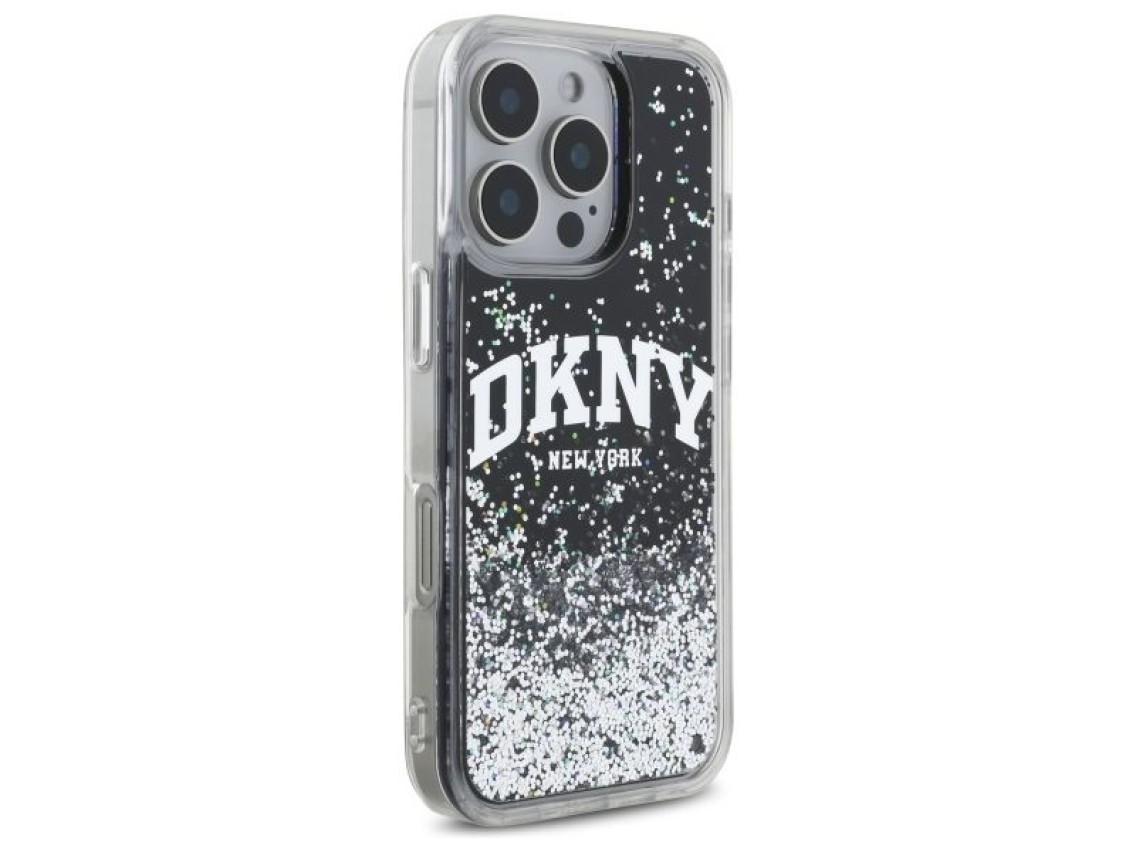 Capa rígida preta com glitter líquido e logo em arco DKNY DKHCP16XLBNAEK para iPhone 16 Pro Max de 6