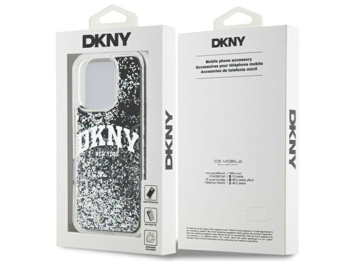 Capa rígida preta com glitter líquido e logo em arco DKNY DKHCP16XLBNAEK para iPhone 16 Pro Max de 6