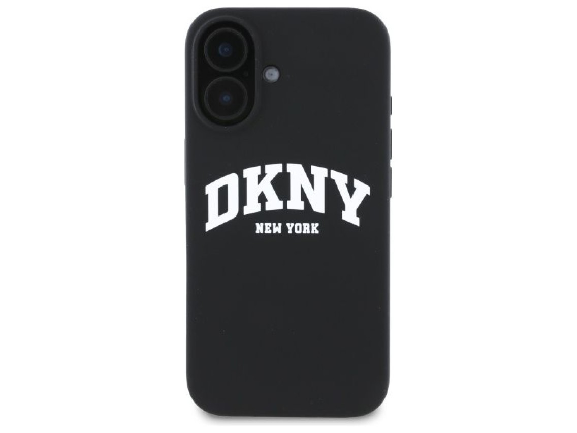 Funda DKNY de silicona blanca con logo impreso MagSafe para iPhone 16 - Negra