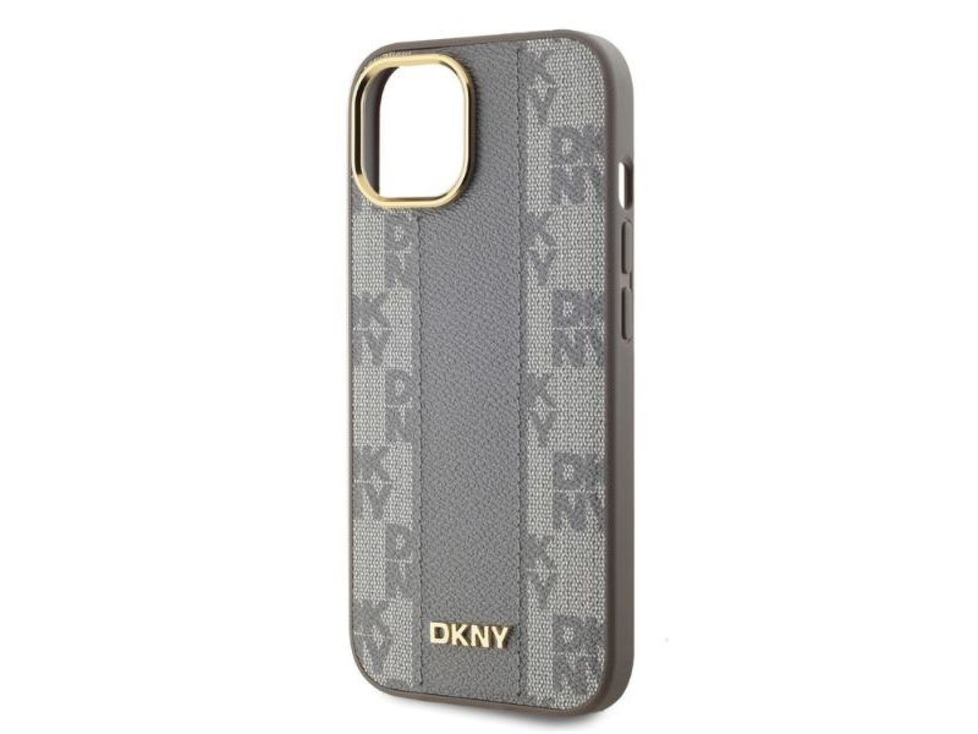 Capa DKNY para iPhone 15 em couro com estampa xadrez monocromática e MagSafe - Bege