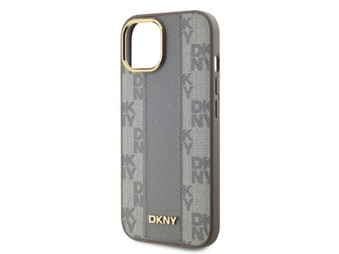 Capa DKNY para iPhone 15 em couro com estampa xadrez monocromática e MagSafe - Bege