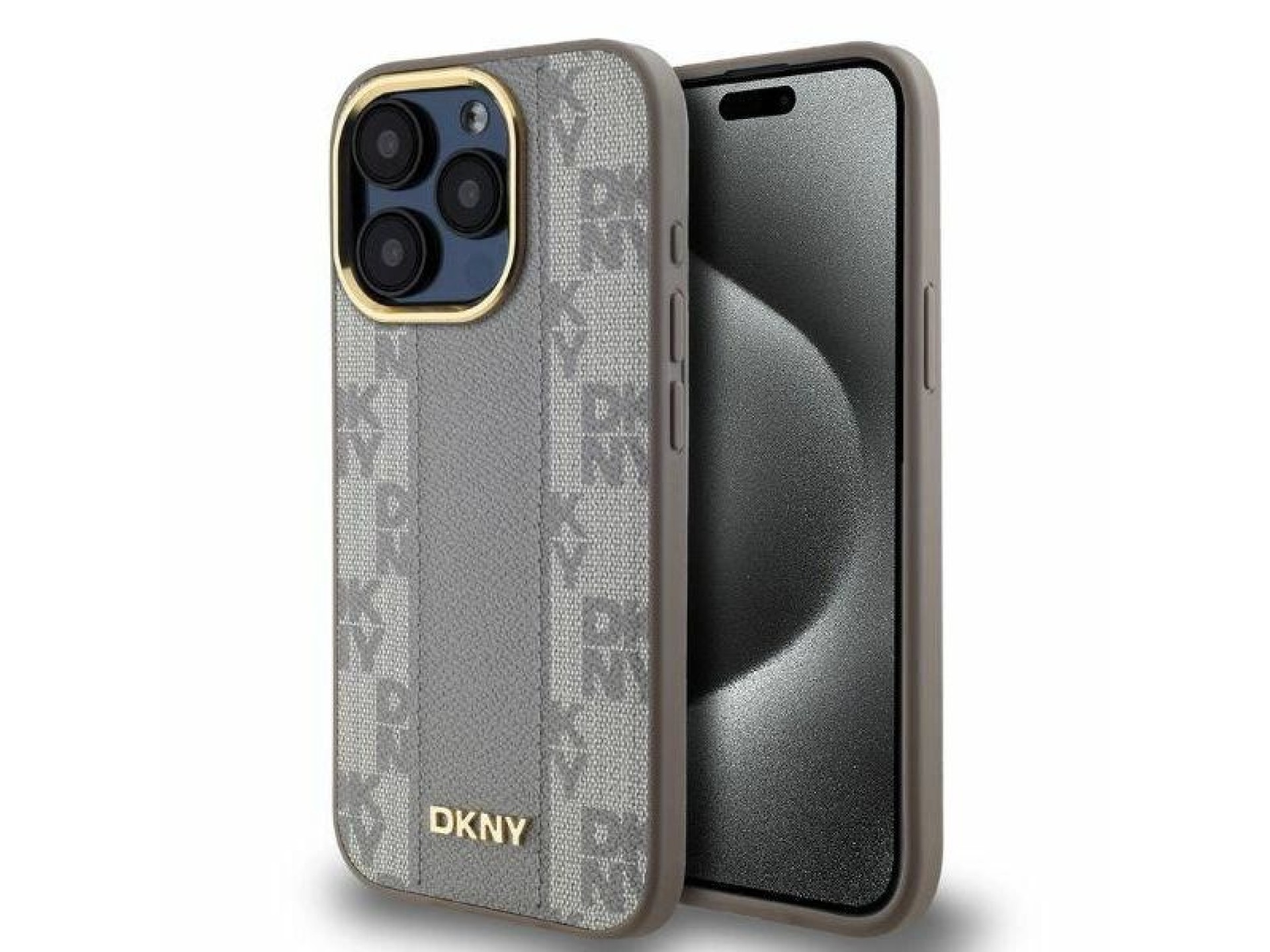 Funda DKNY de piel con estampado a cuadros monocromático y MagSafe para iPhone 15 Pro Max - Beige
