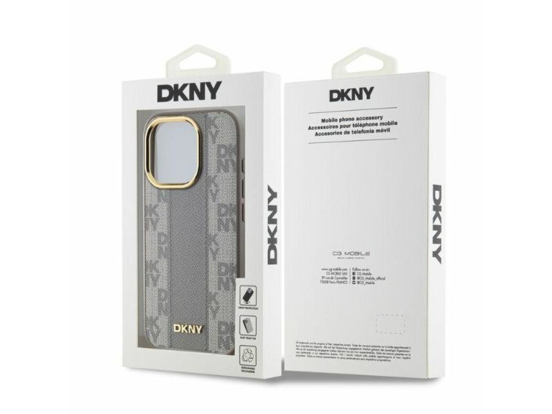 Capa DKNY em couro com estampa xadrez monocromática e MagSafe para iPhone 15 Pro Max - Bege