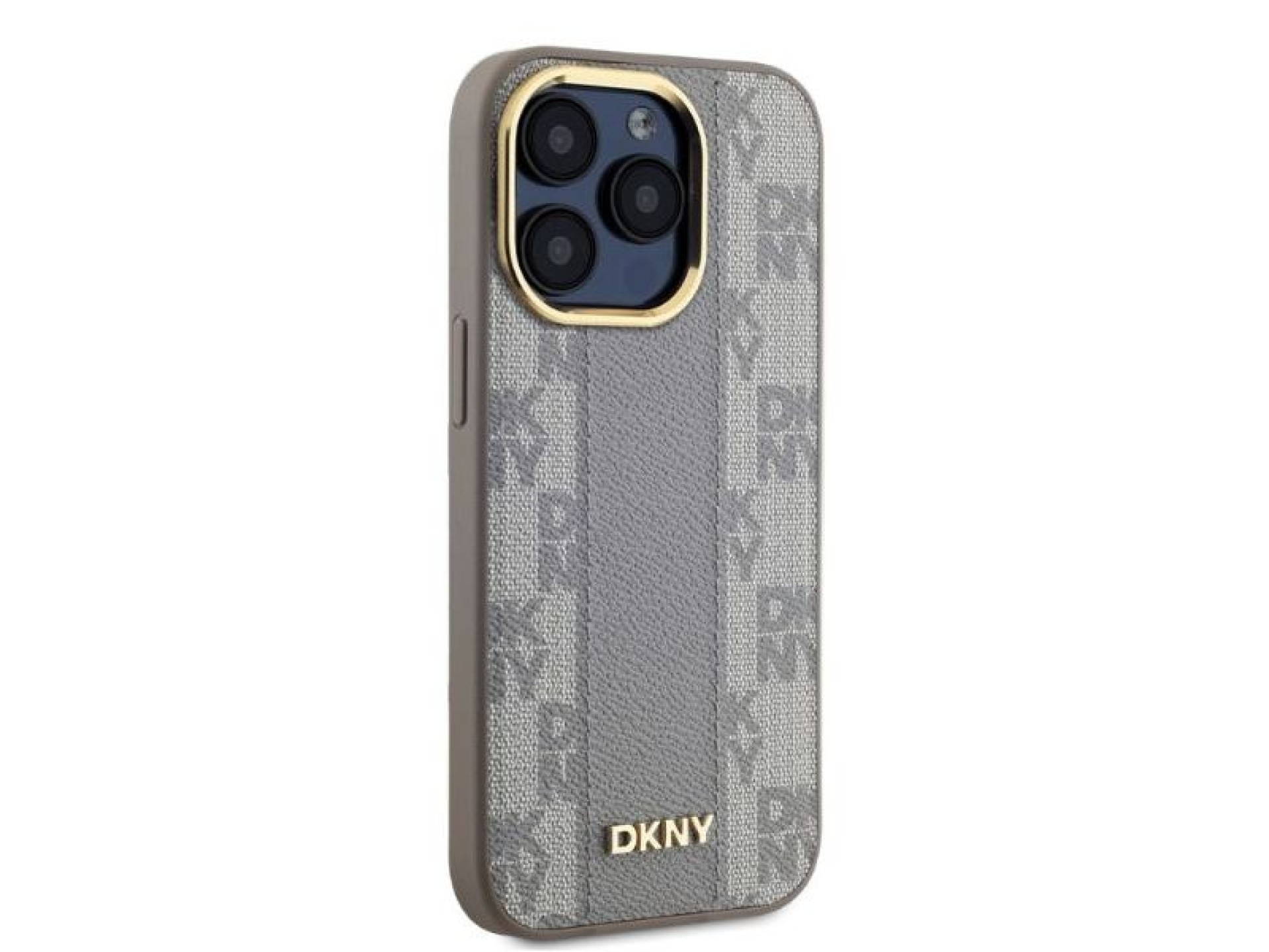 Capa DKNY em couro com estampa xadrez monocromática e MagSafe para iPhone 15 Pro Max - Bege