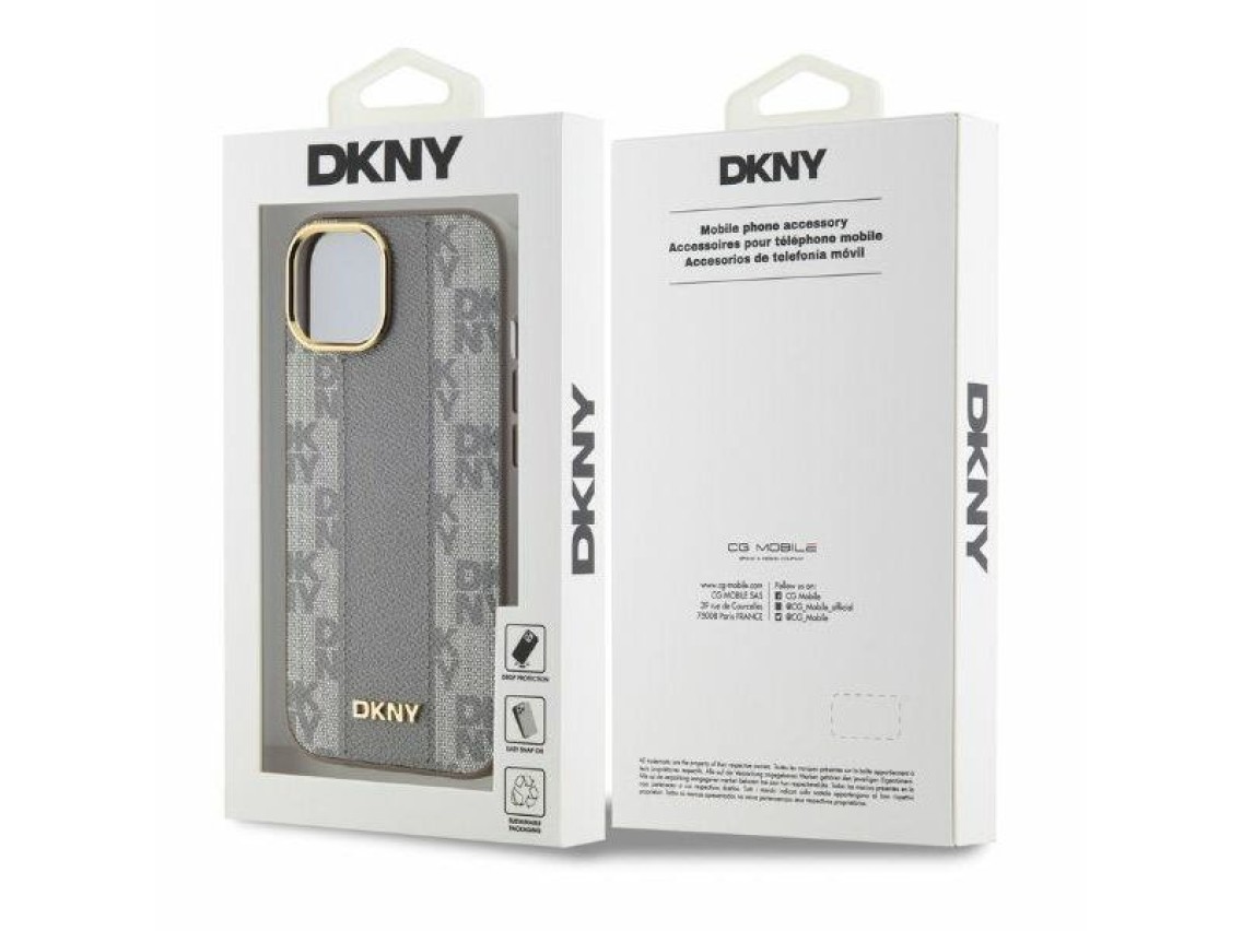 Capa DKNY para iPhone 15 em couro com estampa xadrez monocromática e MagSafe - Bege