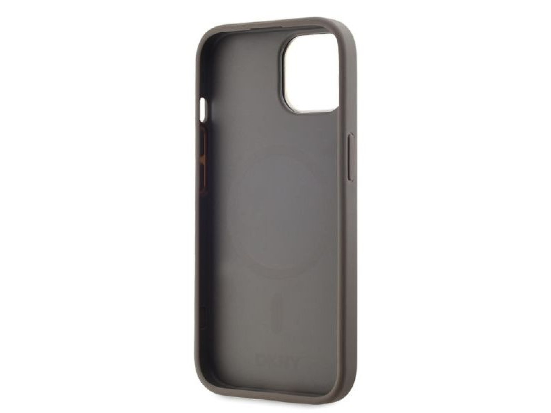 Capa DKNY para iPhone 15 em couro com estampa xadrez monocromática e MagSafe - Bege