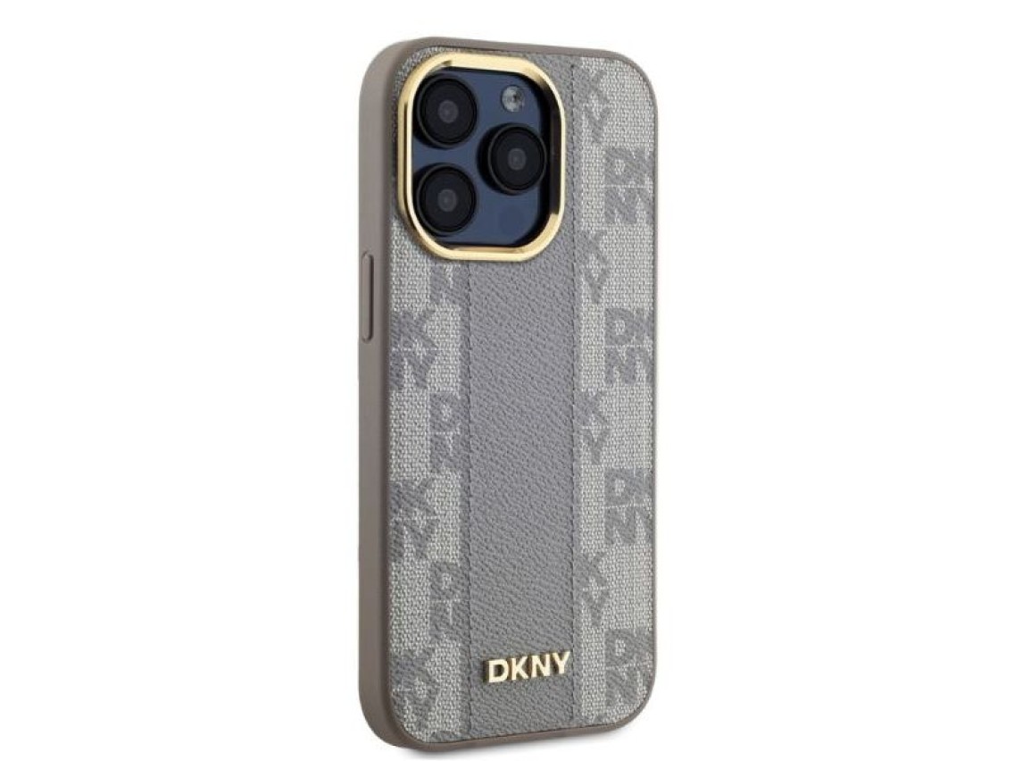 Capa DKNY em couro com estampa xadrez monocromática e MagSafe para iPhone 15 Pro Max - Bege