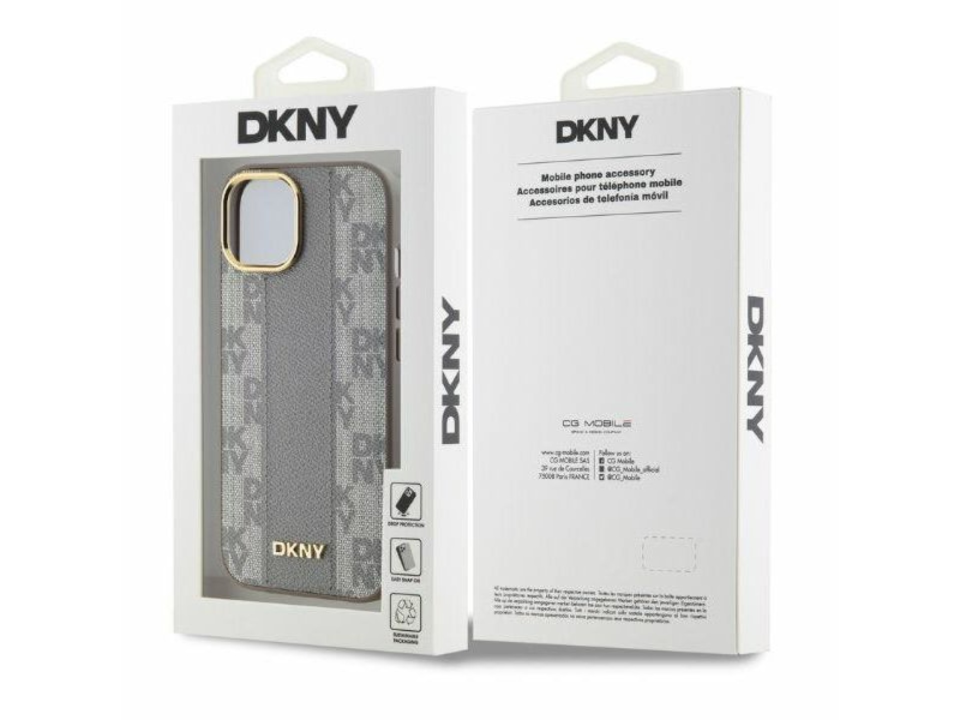 Capa DKNY para iPhone 15 em couro com estampa xadrez monocromática e MagSafe - Bege