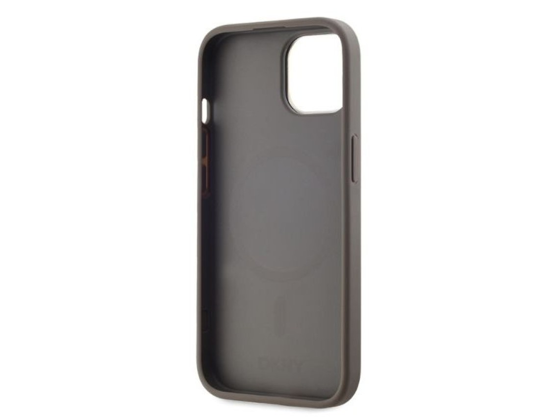 Capa DKNY para iPhone 15 em couro com estampa xadrez monocromática e MagSafe - Bege