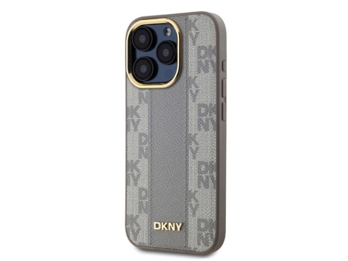 Capa DKNY em couro com estampa xadrez monocromática e MagSafe para iPhone 15 Pro Max - Bege