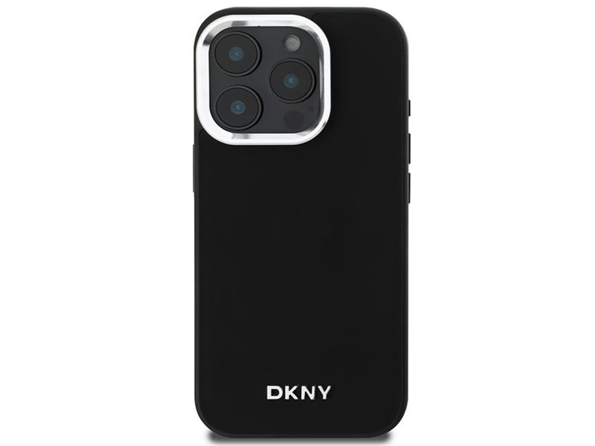 Funda DKNY para iPhone 16 Pro Max con logo plateado liso y MagSafe - Negra