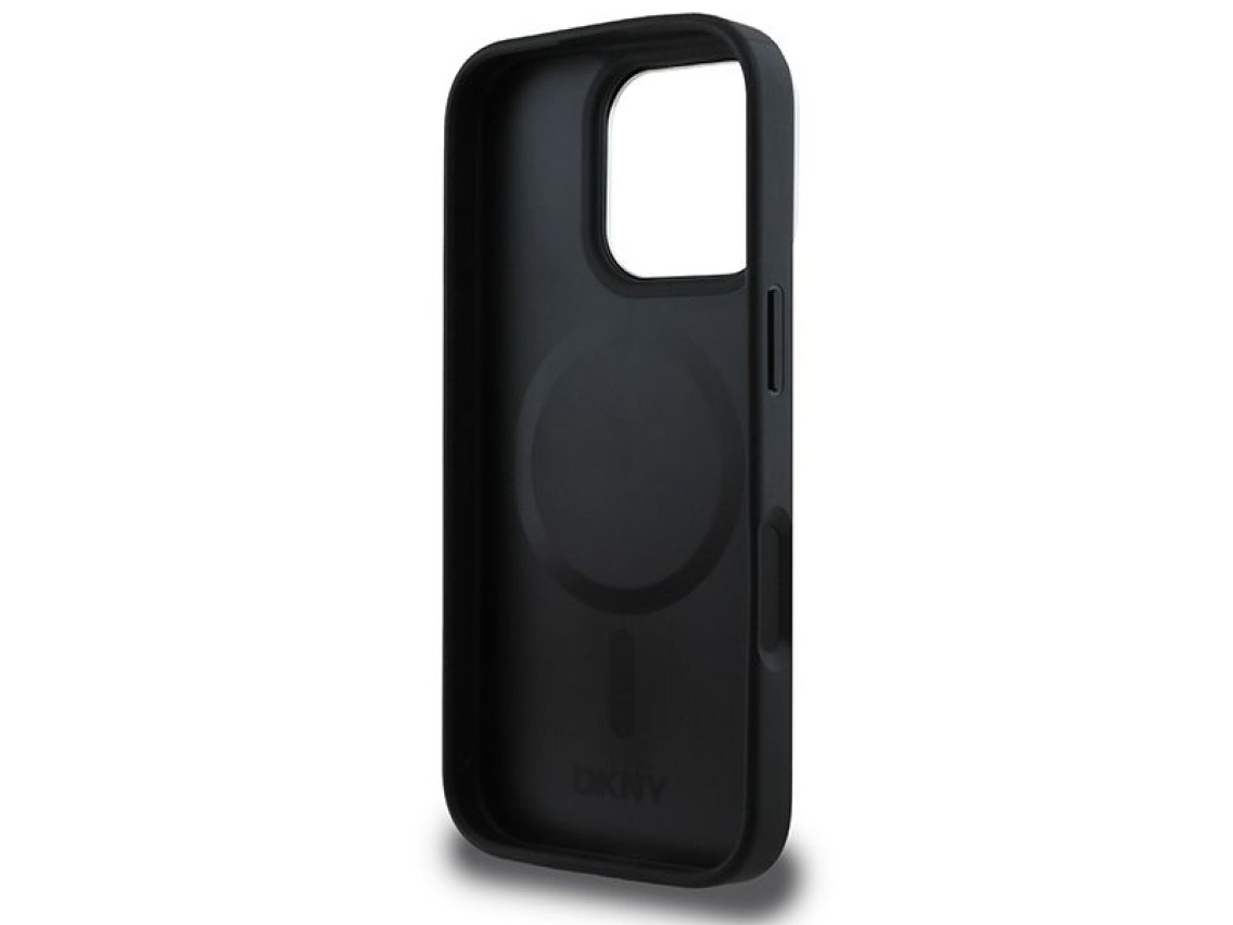 Funda DKNY para iPhone 16 Pro Max con logo plateado liso y MagSafe - Negra