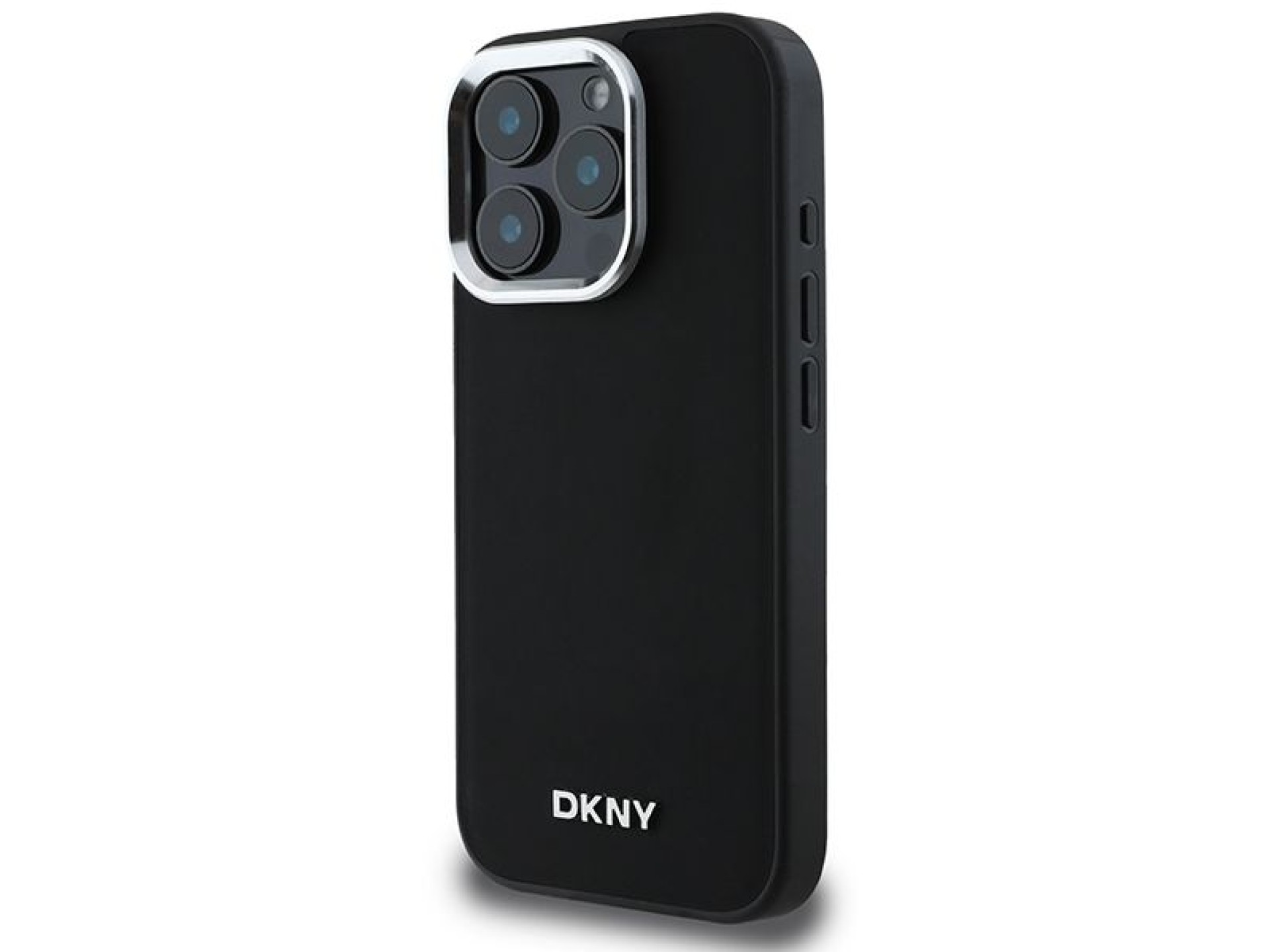 Funda DKNY para iPhone 16 Pro Max con logo plateado liso y MagSafe - Negra