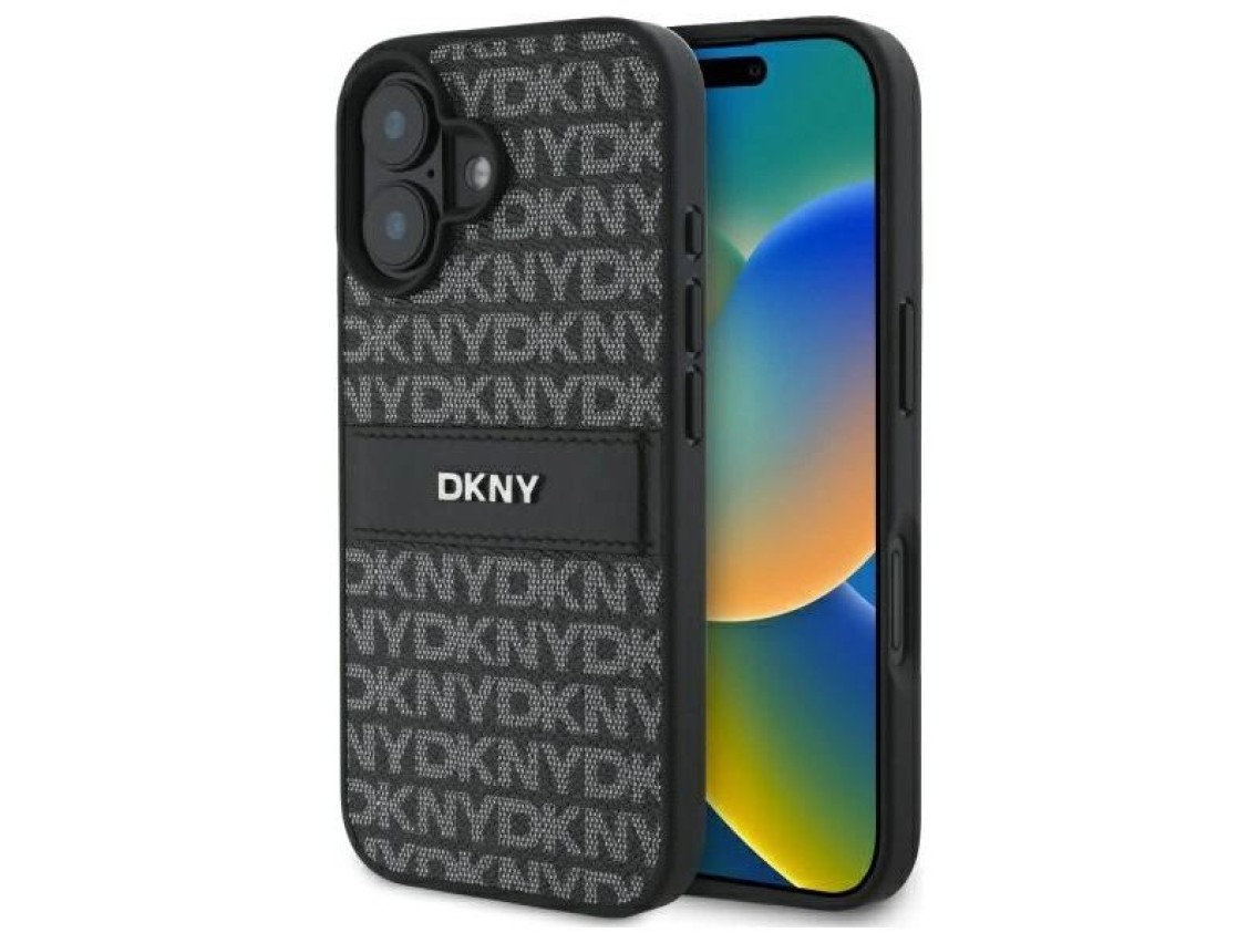 Capa para iPhone 16 DKNY com textura e listras tonais - Preta