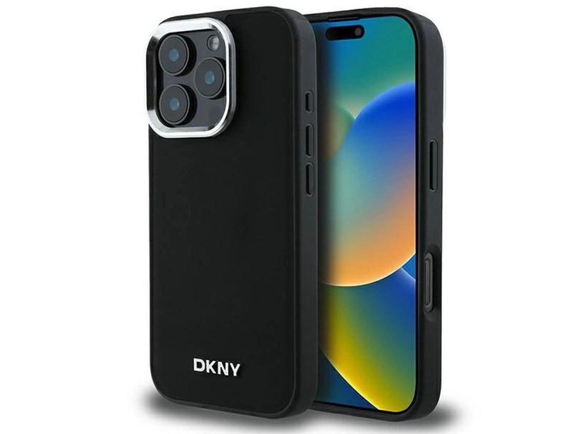 Funda DKNY para iPhone 16 Pro Max con logo plateado liso y MagSafe - Negra