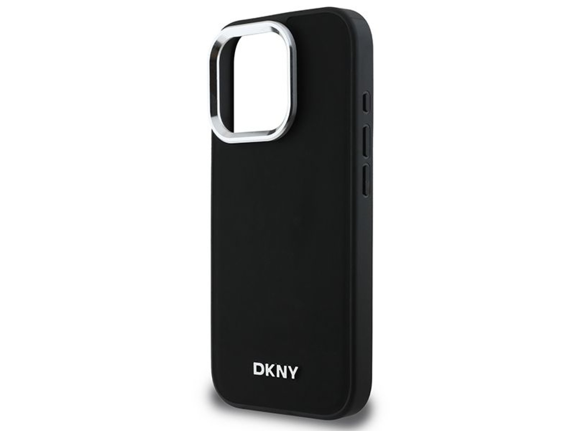 Funda DKNY para iPhone 16 Pro Max con logo plateado liso y MagSafe - Negra