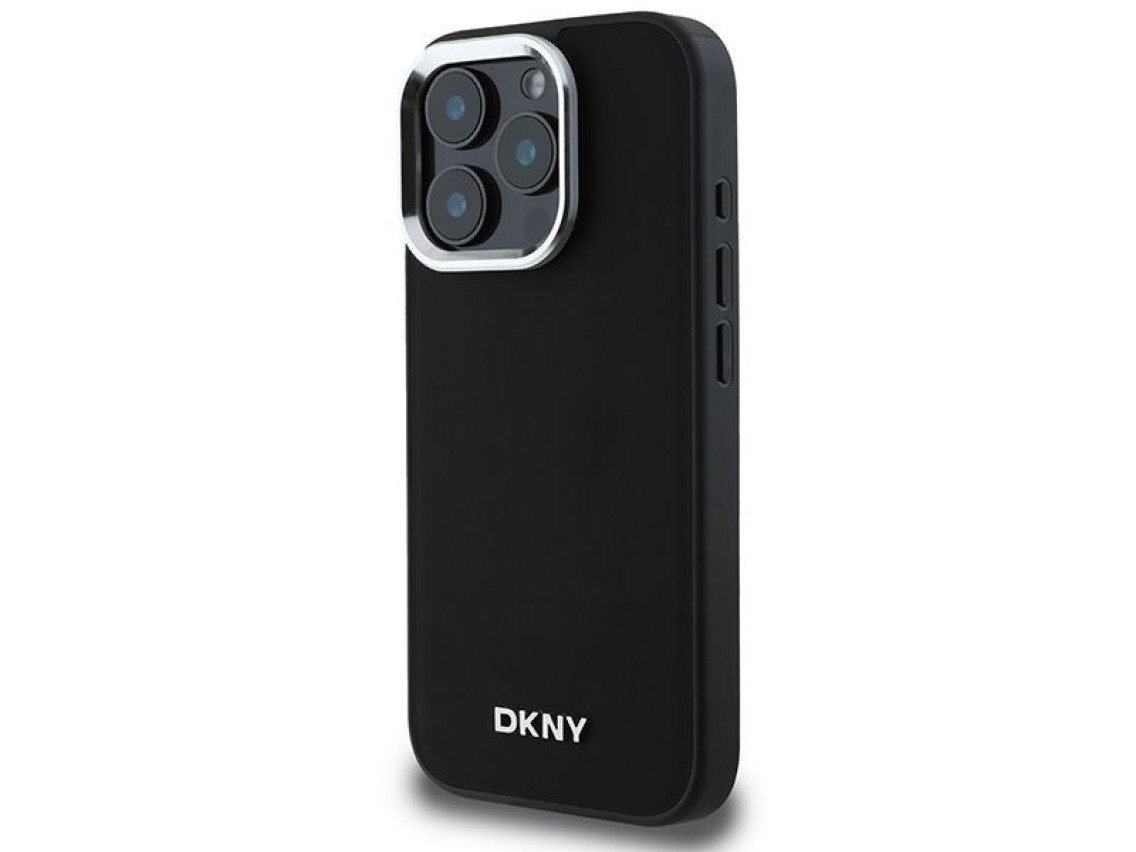 Funda DKNY para iPhone 16 Pro Max con logo plateado liso y MagSafe - Negra