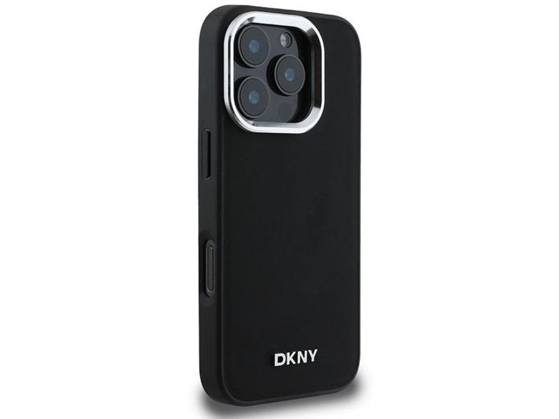 Funda DKNY para iPhone 16 Pro Max con logo plateado liso y MagSafe - Negra