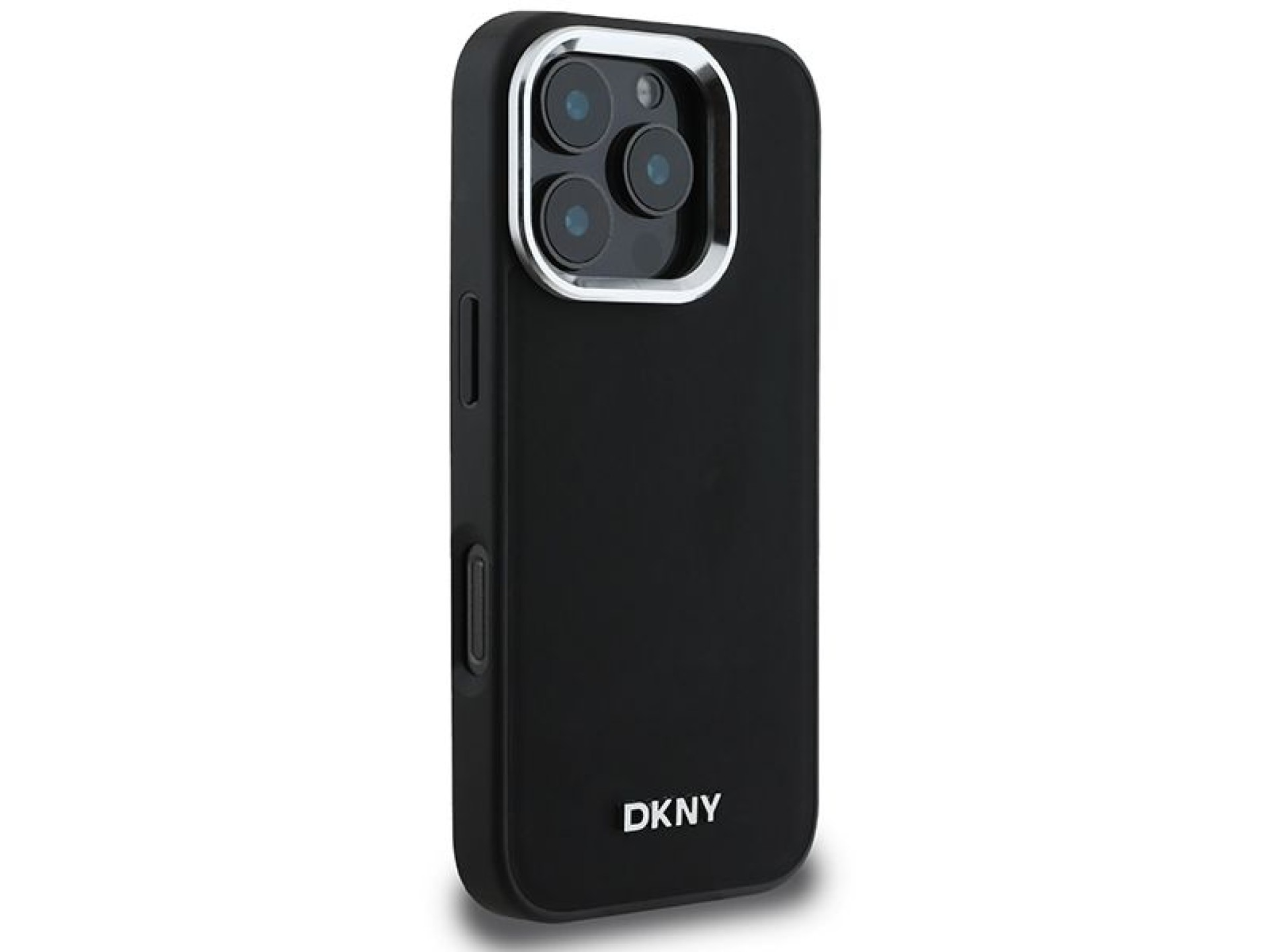 Funda DKNY para iPhone 16 Pro Max con logo plateado liso y MagSafe - Negra