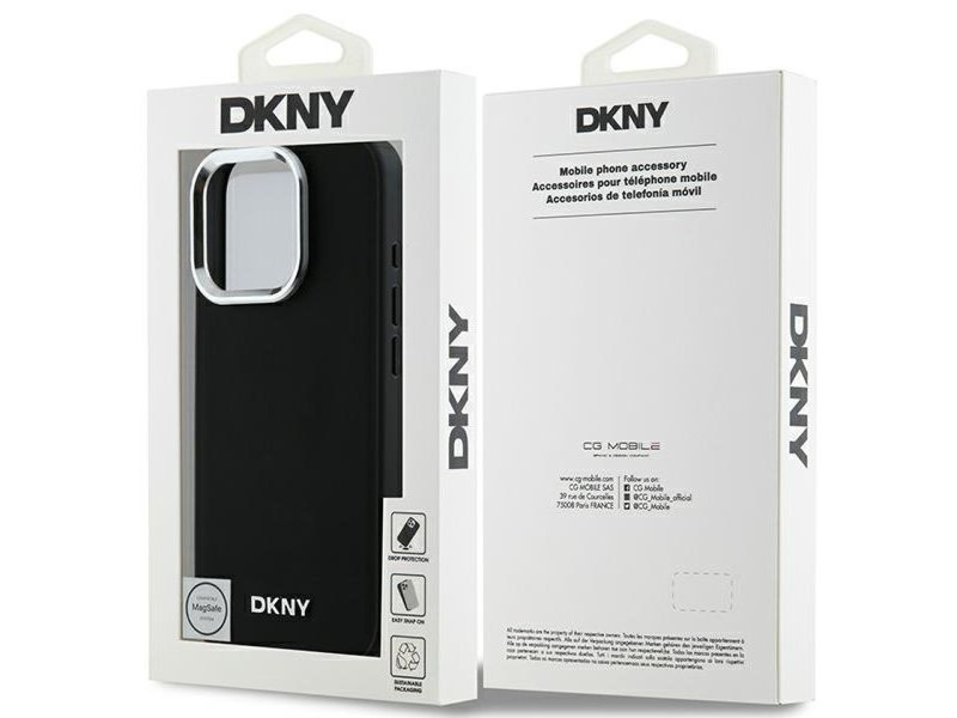 Funda DKNY para iPhone 16 Pro Max con logo plateado liso y MagSafe - Negra